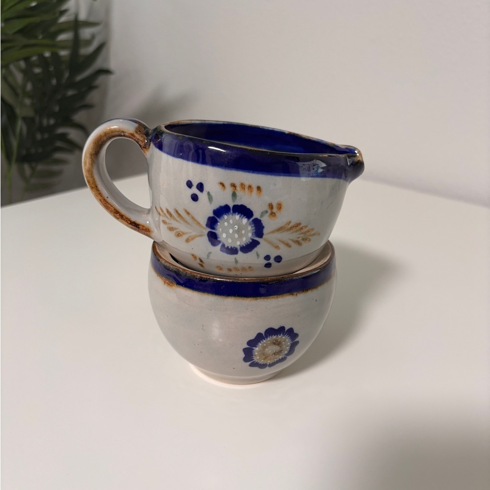 Blue and White Floral Ceramic Creamer and Sugar Bowl Set - Hand Painted - Folk